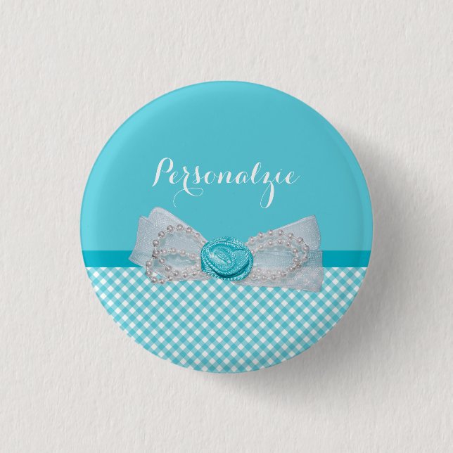 Badge Rond 2,50 Cm Girly Aqua En vichy mignonnes perles Rose Bow avec (Devant)
