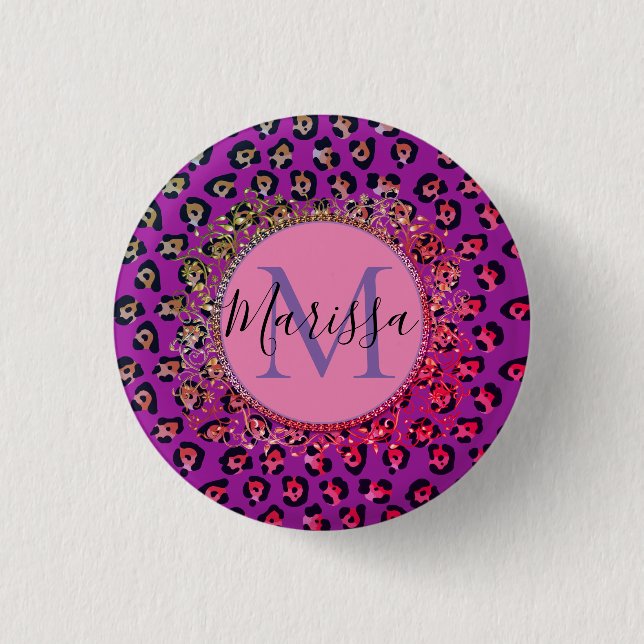 Badge Rond 2,50 Cm Glam Leopard rose et violet Monogramme (Devant)