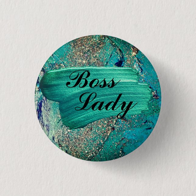 Badge Rond 2,50 Cm Glittery Aqua Peinture Strots Boss Lady (Devant)