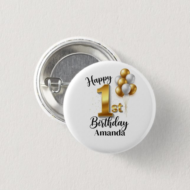 Badge Rond 2,50 Cm Gold Balloons 1st Birthday Pinback Button (Devant & derrière)