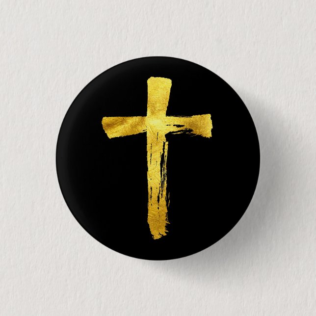 Badge Rond 2,50 Cm Gold Brush Cross - Modern Bold Artistique Crucifix (Devant)