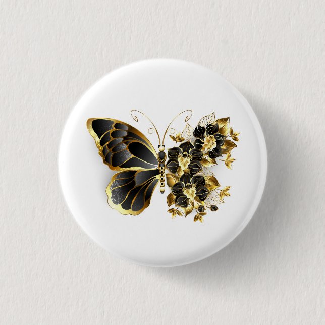 Badge Rond 2,50 Cm Gold flower Butterfly with Black Orchid (Devant)
