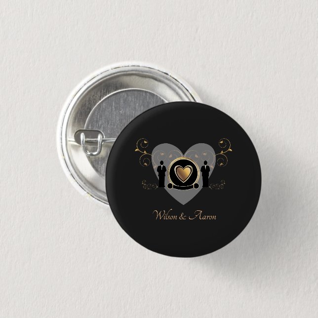 Badge Rond 2,50 Cm Gold Heart Homme Mariage | Bouton (Devant & derrière)
