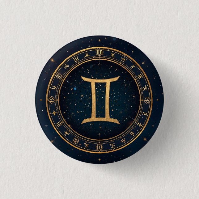 Badge Rond 2,50 Cm Golden Gemini Zodiac Circle With Starry Night (Devant)