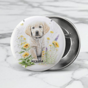 Badge Rond 2,50 Cm Golden Retriever Puppy et Floral Nom du monogramme