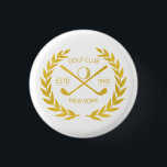 Badge Rond 2,50 Cm Golf Club Gold personnalisé Élégant minimaliste mo<br><div class="desc">Golf club d'or personnalisé élégant, moderne, minimaliste, design chic. Épingle de club de golf personnalisée avec couronne de laurier, deux clubs de golf croisés et balle de golf. Épinglette personnalisée avec votre logo, nom, texte, année, etc. Elégant club de golf d'or bouton pin cadeau personnalisé pour club de golf, golfeur,...</div>