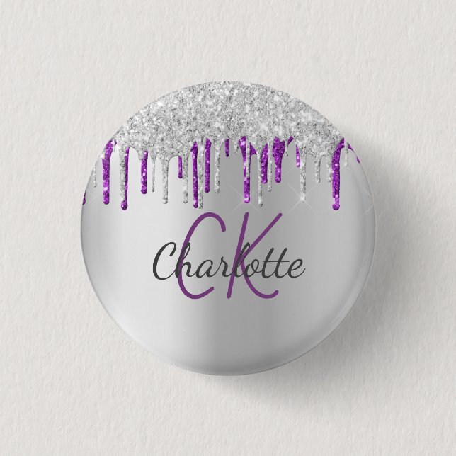 Badge Rond 2,50 Cm Gouttes de paillettes argentées avec monogramme pe (Devant)