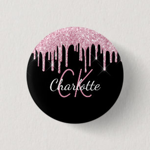 Badge Rond 2,50 Cm Gouttes de paillettes noires et roses personnalisé