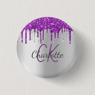 Badge Rond 2,50 Cm Gouttes de paillettes violettes avec monogramme ar