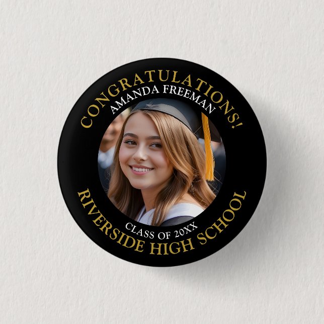 Badge Rond 2,50 Cm Graduation photo moderne noir et or (Devant)
