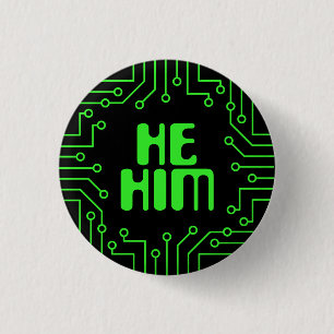Badge Rond 2,50 Cm Green Circuit Board Il/Lui Pronounouns