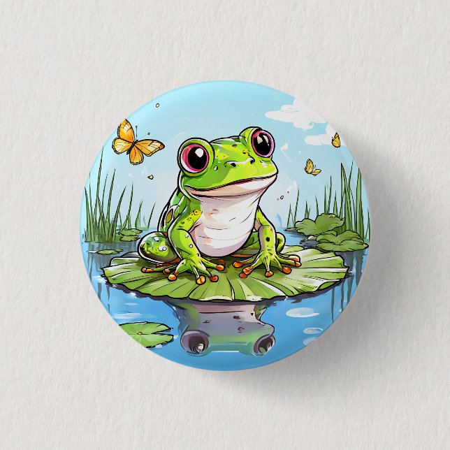 Badge Rond 2,50 Cm Grenouille mûre et papillons sur Lily Pad (Devant)