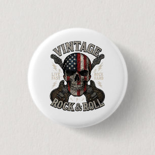 Badge Rond 2,50 Cm Guitare Drapeau Américain Crâne Rock Vintage Retro