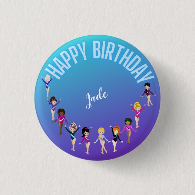 Badge Rond 2,50 Cm Gymnastique Amis "Joyeux Anniversaire" Turquoise (Devant)
