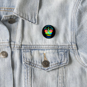 Badge Rond 2,50 Cm Halloween Neon Look bleu clair crâne jaune