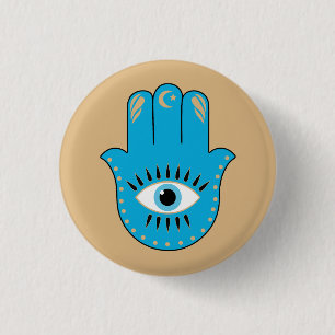 Badge Rond 2,50 Cm Hamsa main Grec mal Oeil bleu