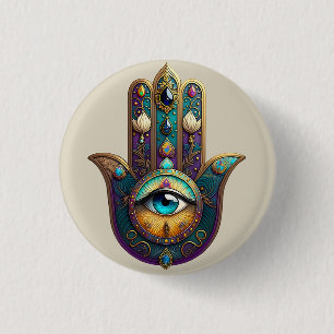 Badge Rond 2,50 Cm Hamsa Violet Turquoise avec Troisième Œil Turquois