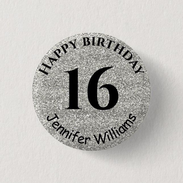 Badge Rond 2,50 Cm Happy Birthday Custom Name Age Year Silver Glitter (Devant)