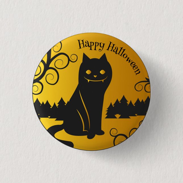 Badge Rond 2,50 Cm Happy Halloween Éffrayant Chat noir | Bouton de br (Devant)