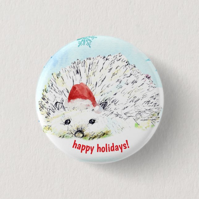 Badge Rond 2,50 Cm Happy Holidays Hedgehog Santa Hat Wildlife (Devant)