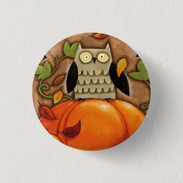 Badge Rond 2,50 Cm Hibou et citrouille heureux d'automne (Devant)