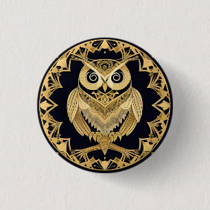 Badge Rond 2,50 Cm Hibou Ornemental Doré avec Motif Décoratif