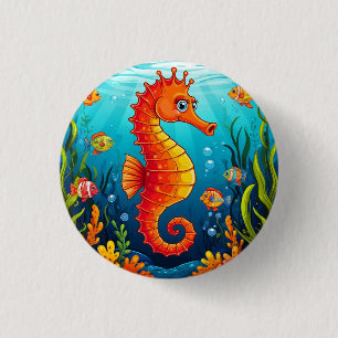 Badge Rond 2,50 Cm Hippocampe Coloré dans un Récif de Corail Vibrant