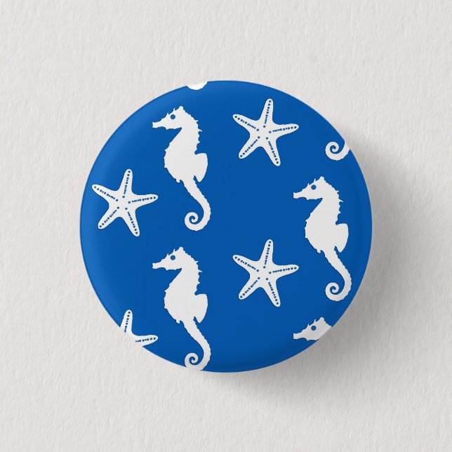 Badge Rond 2,50 Cm Hippocampe et étoiles de mer - blanc sur le bleu (Devant)