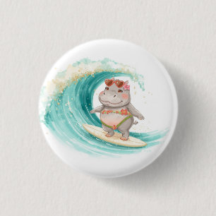 Badge Rond 2,50 Cm Hippopotame en bikini de Noël faisant du surf sur