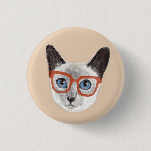 Badge Rond 2,50 Cm Hipster Siamese peint à la main portant des lunett