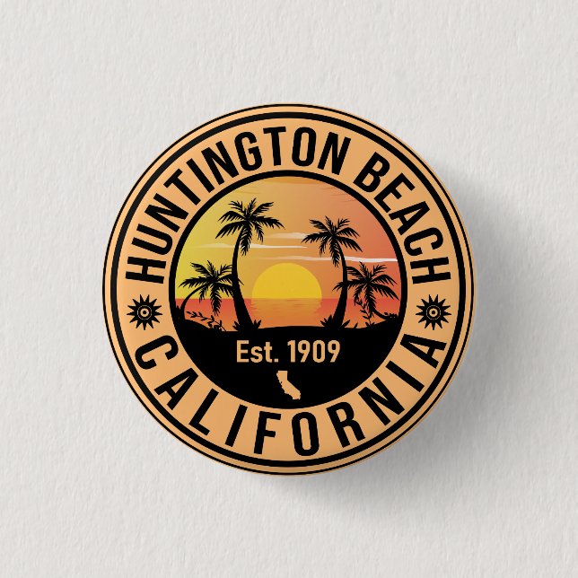 Badge Rond 2,50 Cm Huntington Beach California Retro Sunset Souvenirs (Devant)