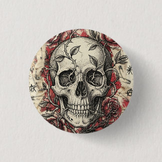 Badge Rond 2,50 Cm Illustration de crâne et de roses Grunge Punk