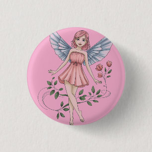 Badge Rond 2,50 Cm Illustration de fée avec robe rose et ailes