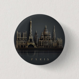 Badge Rond 2,50 Cm Illustration élégante de la skyline de Paris en or