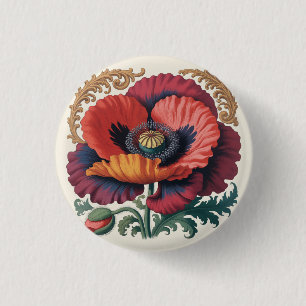 Badge Rond 2,50 Cm Illustration Florale Vintage Ornée aux Coquelicots
