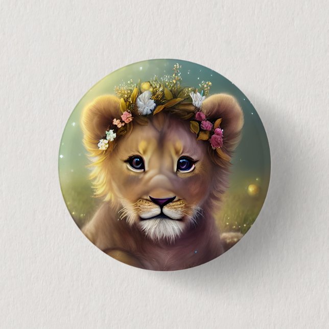 Badge Rond 2,50 Cm Imaginaire Whimsical Cute Kawaii bébé lionceau (Devant)