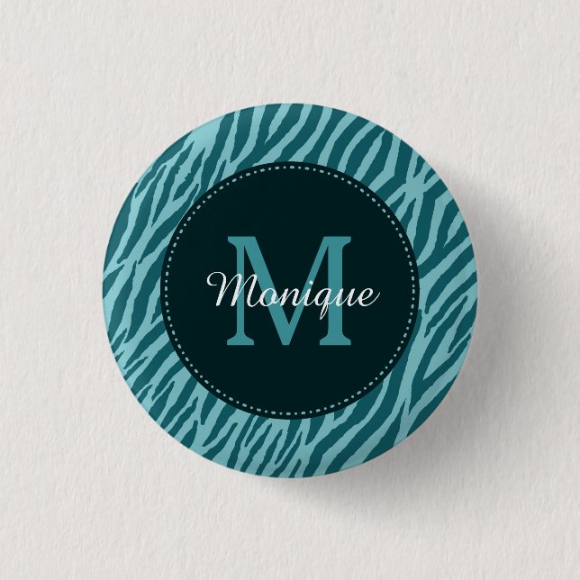 Badge Rond 2,50 Cm Impression Zèbre Turquoise avec Monogramme et nom (Devant)