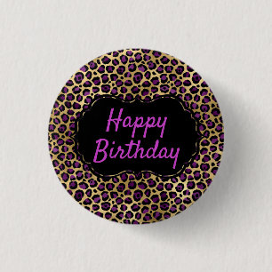Badge Rond 2,50 Cm Imprimé léopard or et violet pour anniversaire