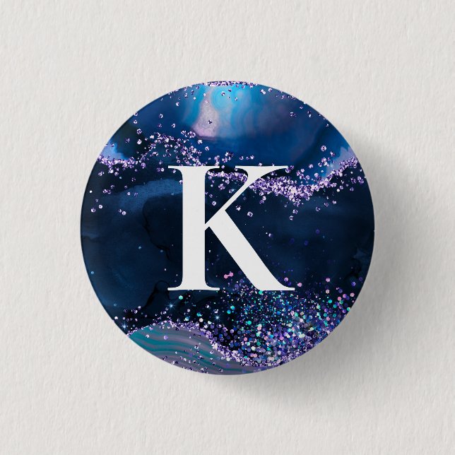 Badge Rond 2,50 Cm Initiale à motif agate pailleté bleu et lilas (Devant)