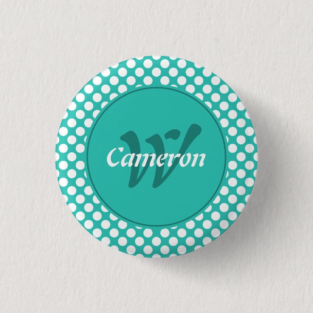 Badge Rond 2,50 Cm Initiale de nom moderne Turquoise Blanc Points Pol (Devant)