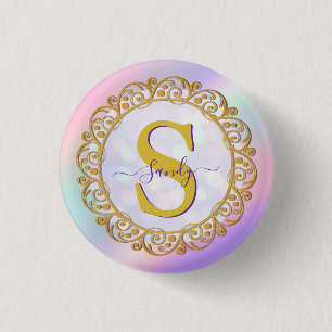 Badge Rond 2,50 Cm Initiale Iridescente Chic Avec Défilement Or