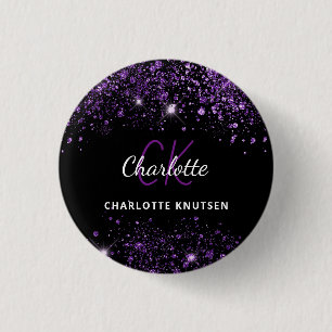 Badge Rond 2,50 Cm Initiales monogramme pailletées violet noir