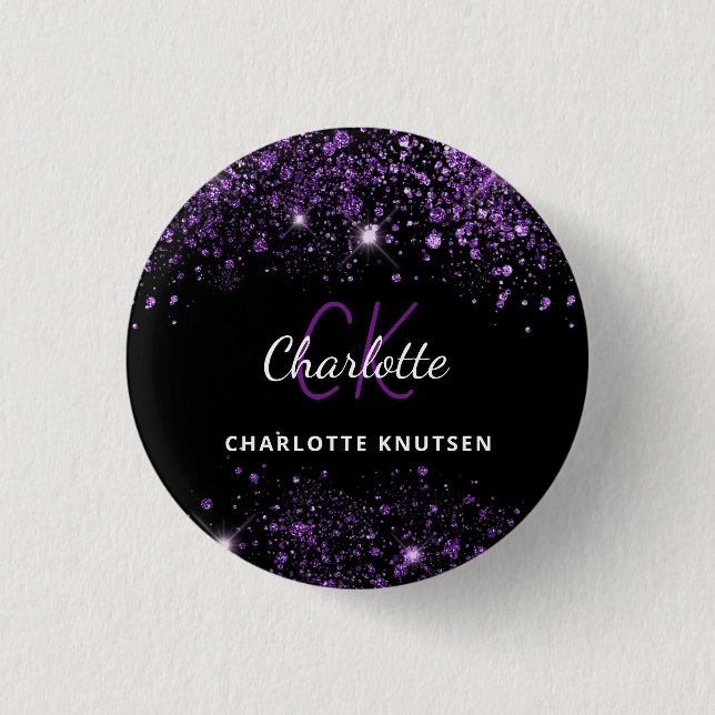 Badge Rond 2,50 Cm Initiales monogramme pailletées violet noir (Devant)