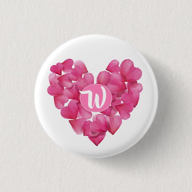 Badge Rond 2,50 Cm Insigne avec le coeur de pétales roses monogrammes (Devant)