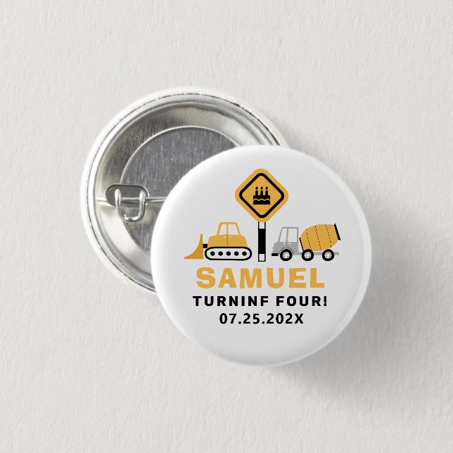 Badge Rond 2,50 Cm Invitation d'anniversaire garçon thème en construc (Devant & derrière)