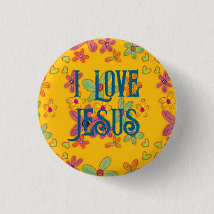 Badge Rond 2,50 Cm J'aime Jésus Fille Chrétienne Fleurs Motif Jaune