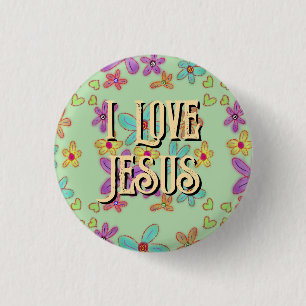 Badge Rond 2,50 Cm J'aime Jésus Fille Chrétienne Fleurs Vert