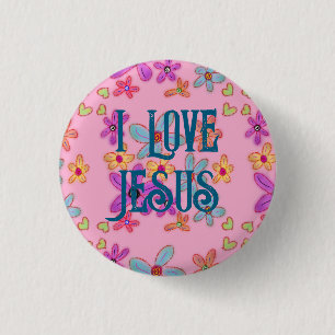 Badge Rond 2,50 Cm J'aime Jésus Fille Chrétienne Rose Floral
