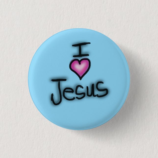 Badge Rond 2,50 Cm J'aime Jésus I Coeur Jésus Bleu Bébé (Devant)