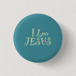 Badge Rond 2,50 Cm « J'aime Jésus » Or sur Turquoise